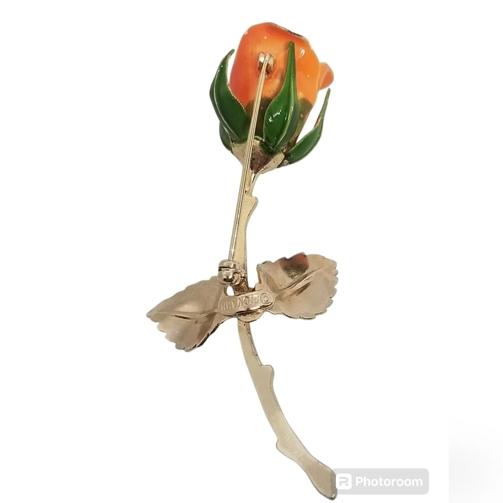 GIOVANNI VINTAGE VIBRANT ORANGE & GREEN ENAMELED GOLDTONE LONG STEM ROSE PIN